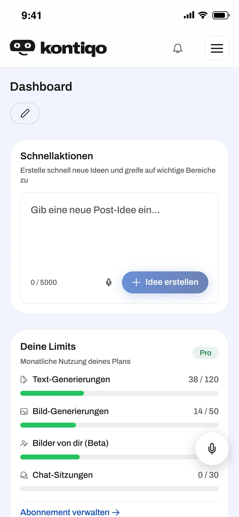 kontiqo auf dem Handy - Dashboard mit Schnellaktion und Limits